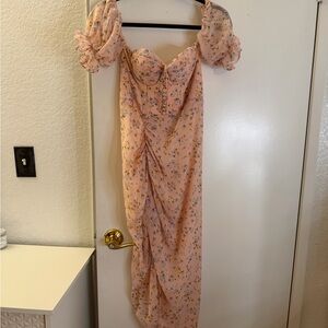 Peach Floral Midi Dress with Puff Sleeves